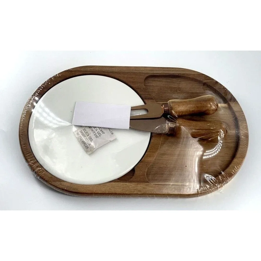 Gourmet Wood & Ceramic Cheese Board Gift‎ Set With Acacia Tray Ceramic Plate NEW